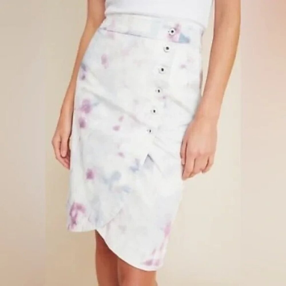 Anthropologie White Tie-Dye wrap Button-Front Skirt with Pastel Accents